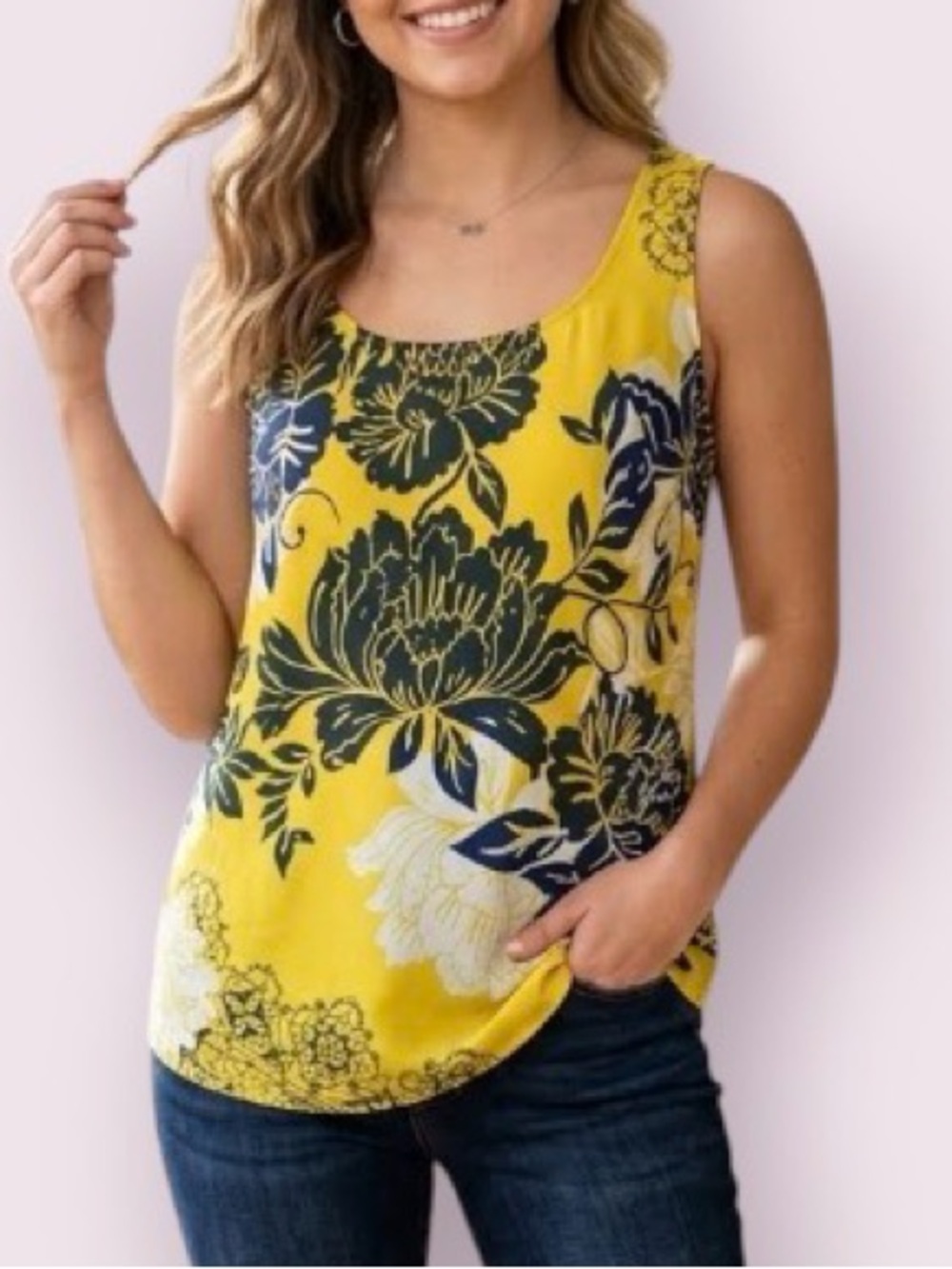 CAbi Bali Silk Blend Floral Tank Top Racer Back Yellow & Blue Size XS